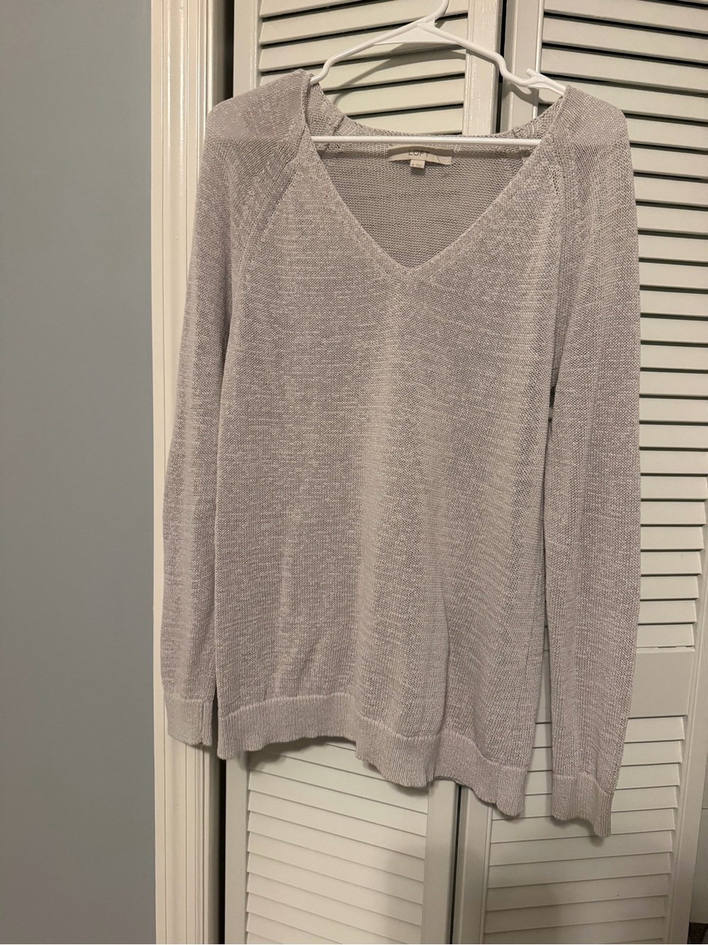 LOFT Light Gray V-Neck Knit Sweater